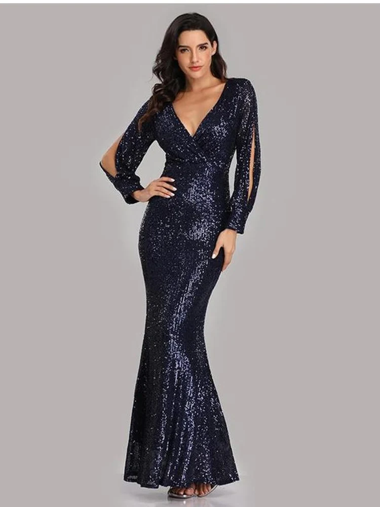 

Women Elegant Maxi Dresses 2023 Luxury Bling Sequin V-Neck Long Sleeve Slim Mermaid Formal Cocktail Evening Party Prom Vestidos