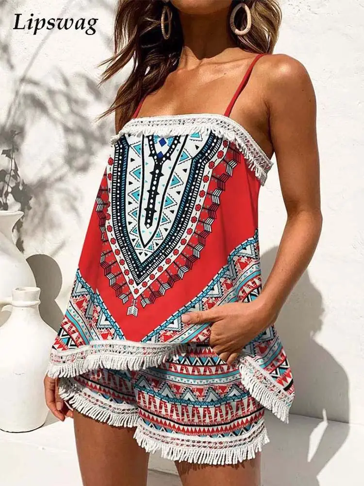 

Summer Women Casual Outfits Sexy Sleeveless Off Shoulder Sling Tops And Tassel Shorts Suits Vintage Print Female Two Piece Sets
