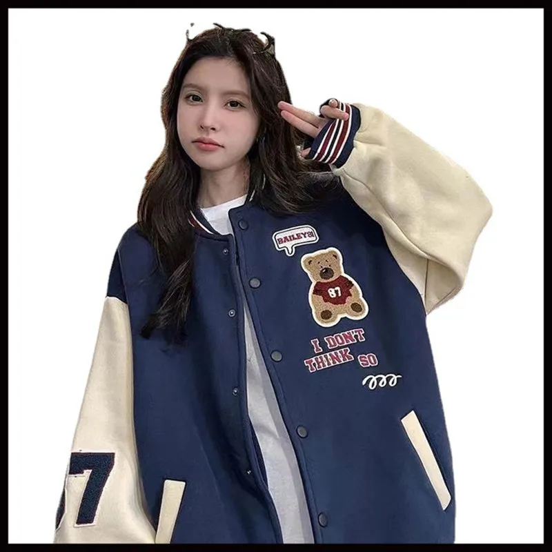 Women Retro Bear Sweatshirt Jacket Winter Clothes Female Oversize Casual Loose Large Size Jacket Cartoon Casual Top