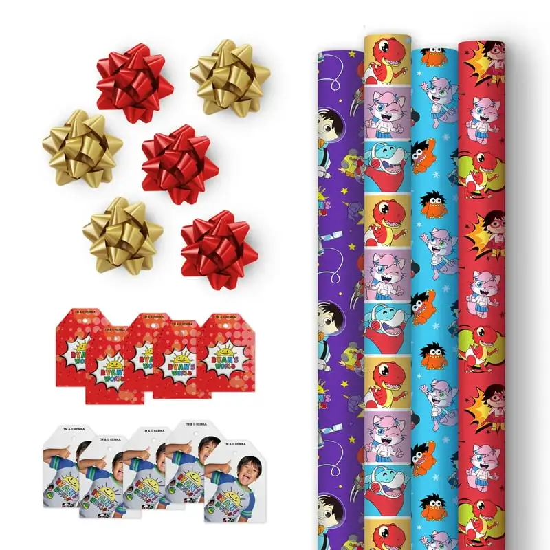 

World Gift Wrap Set - (4) Wrapping Paper Rolls, (10) Gift Tags, (6) Bows, Ryan's World Theme