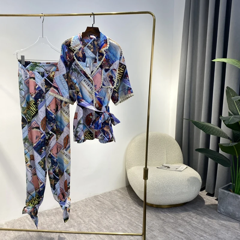 

2022 Auatralia Print Loose Blouse Shirts and Pants Sea Beach Two Pieces Spring Summer New Arrival Fashion Woman Set