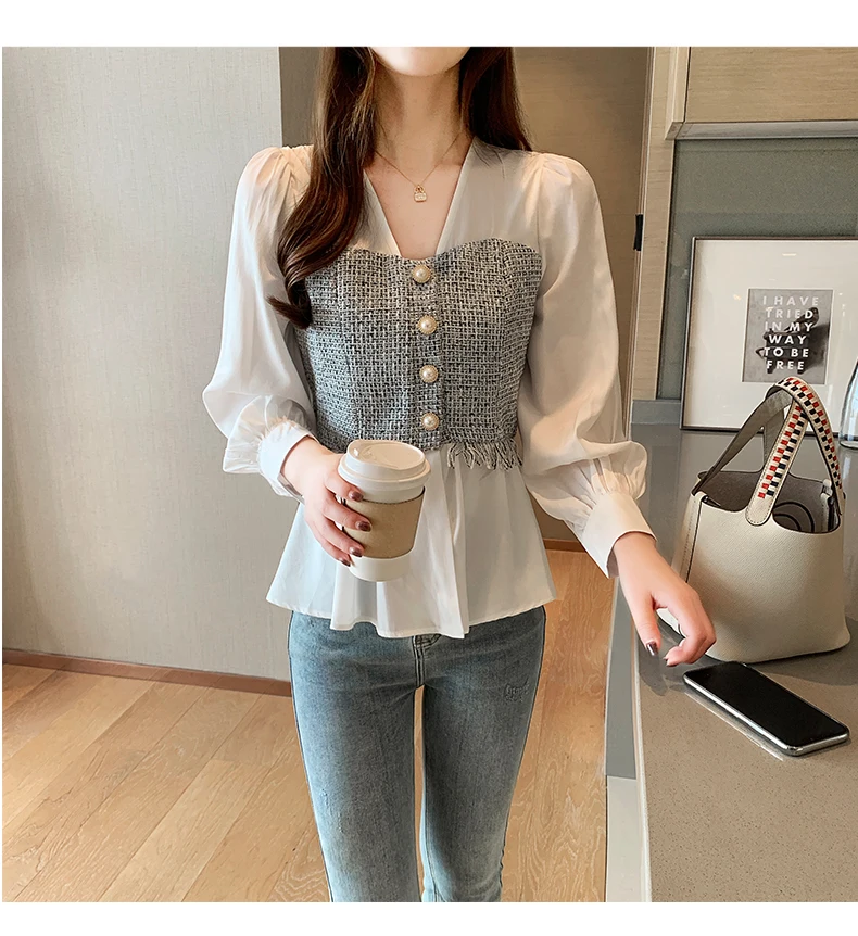 

V-neck Feminina Shirt Plus Size Solid Whit Long Sleeve Shirt Fashion Office Lady Tops Korean Style Women Spliced Chiffon Blouse