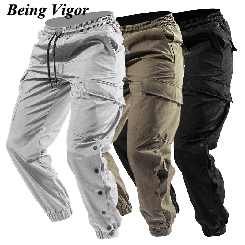 Being Vigor Tactical Multi Pocket Cargo Pants Side Split Snap Button Joggers Hip Hop Skateboard Long Pant Streetwear