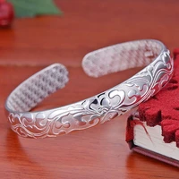 s999 sterling silver jewelry ladies bangle ethnic wind lotus opening adjustable retro elegant bracelet valentines day gift