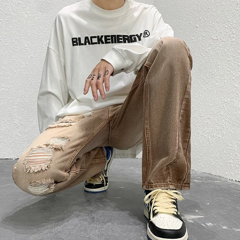 Ripped Baggy Jeans Men Fashion Retro Casual Hole Straight Jeans Men Streetwear Hip Hop Loose Denim Pants Mens Trousers M-2XL