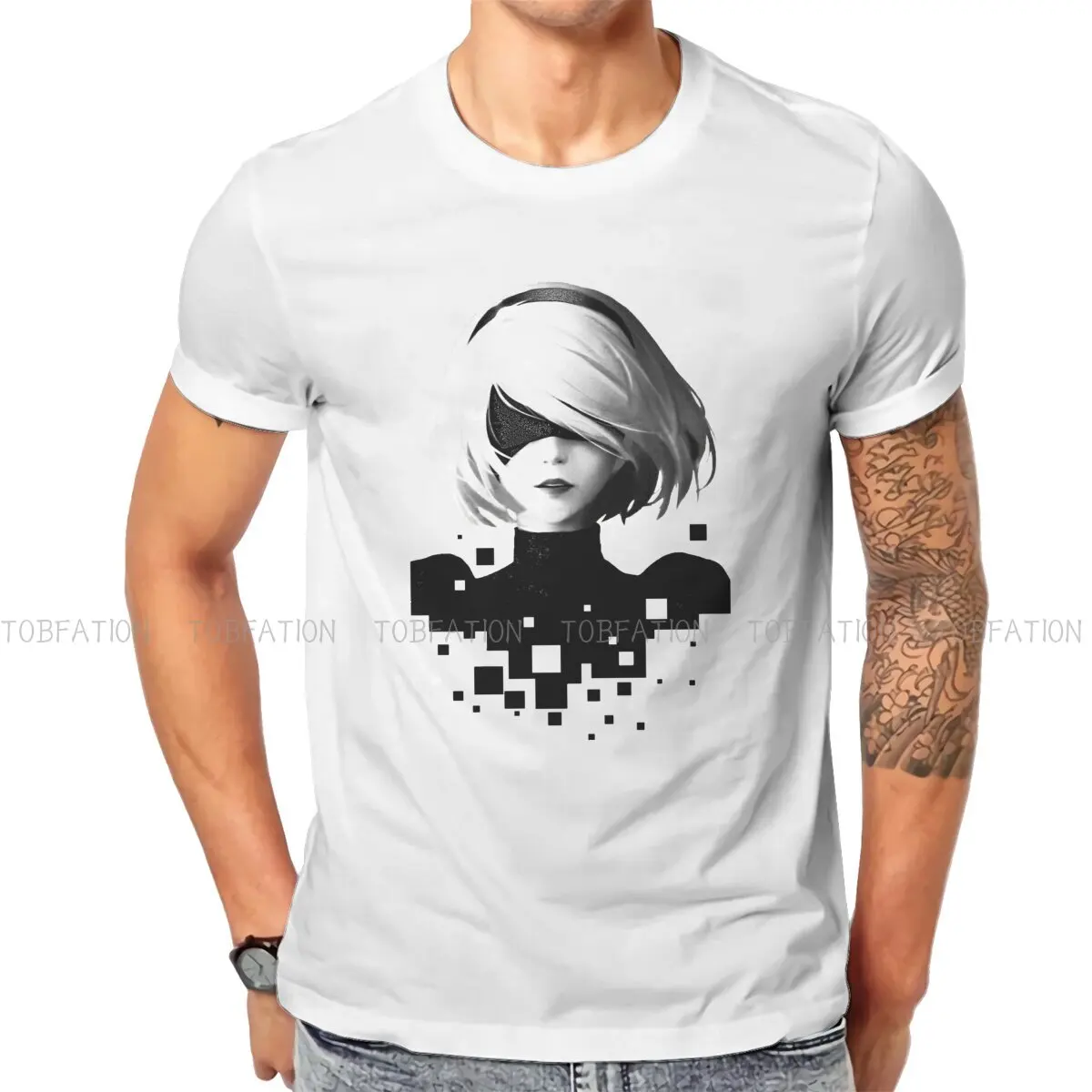 NieR Automata 2B and Pixels T Shirt Vintage Punk Polyester Men's Tshirt O-Neck Men Clothes