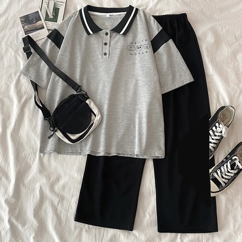 

2022 Two Piece Set Women Cartoon Print T shirt And Long Pants Sets korean Casual loose Short Sleeve student Tracksuit Pants Suit