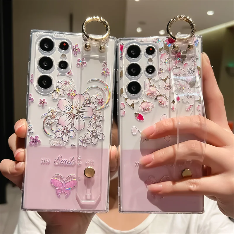 Luxury 3D Flower Butterfly Love Heart Phone Holder Clear Case for Samsung S22 Ultra S21 FE A53 73 13 32 22 5G A52S 72 30S 50 03S