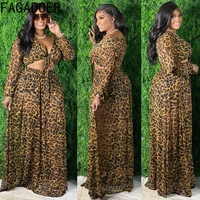 fagadoer plus size sets skirt women xl 4xl fashion leopard print lace up crop top and floor skirt two piece sets female outfits