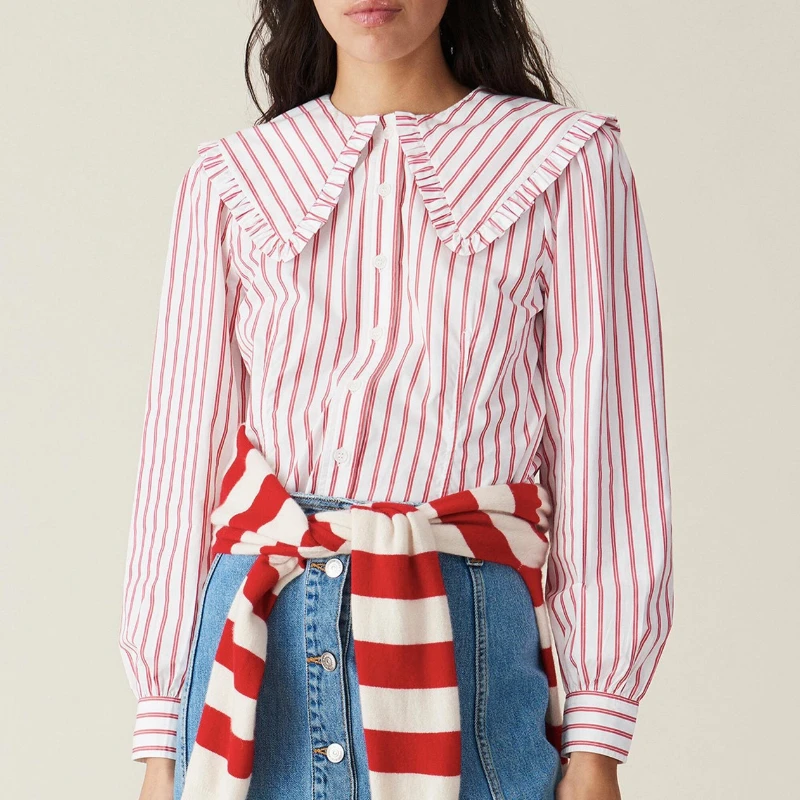 

Striped Print Women's Cotton Blouse 2022 New Women's Ruffle Lapel Temperament Sweet Single Breasted Shirt Top 3 Colors
