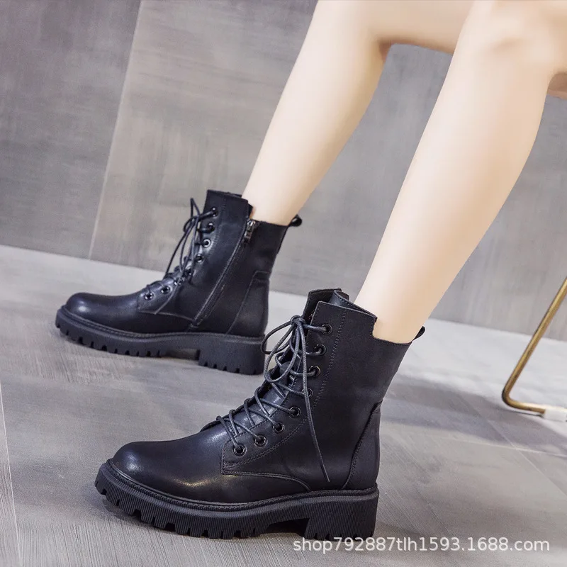 Leather Women's Boots Women Thick-soled Thin Section Spring and Autumn New Single  Breathable Short  Wild Tide