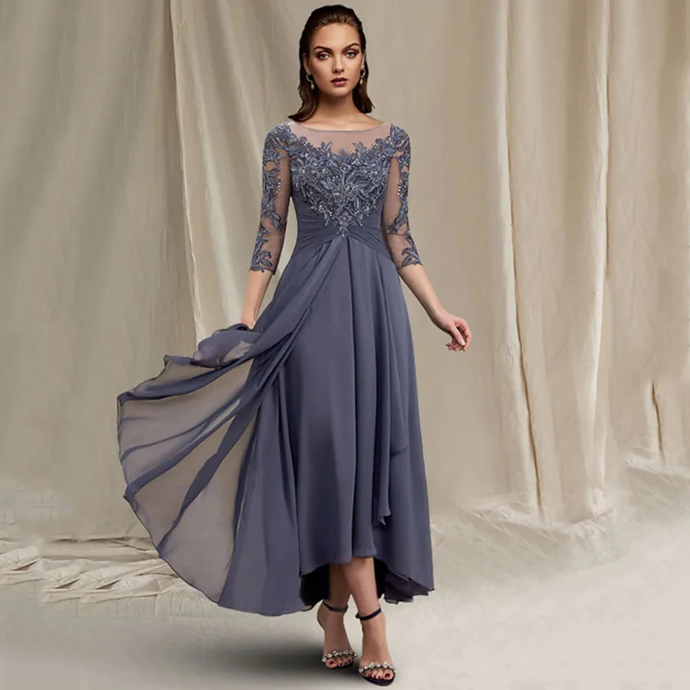

A Line Three Quarter Sleeves Mother Of The Bride Dresses Zipper Back Appliques Scoop Neck Tea-Length Wedding Guest Growns Women