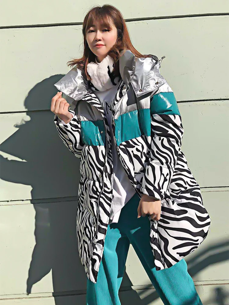 Thick Parka Women Winter Down Jacket Hooded Fashion Zebra Pattern Printed Coat Female's Cotton Padded Outwear Loose Jackets