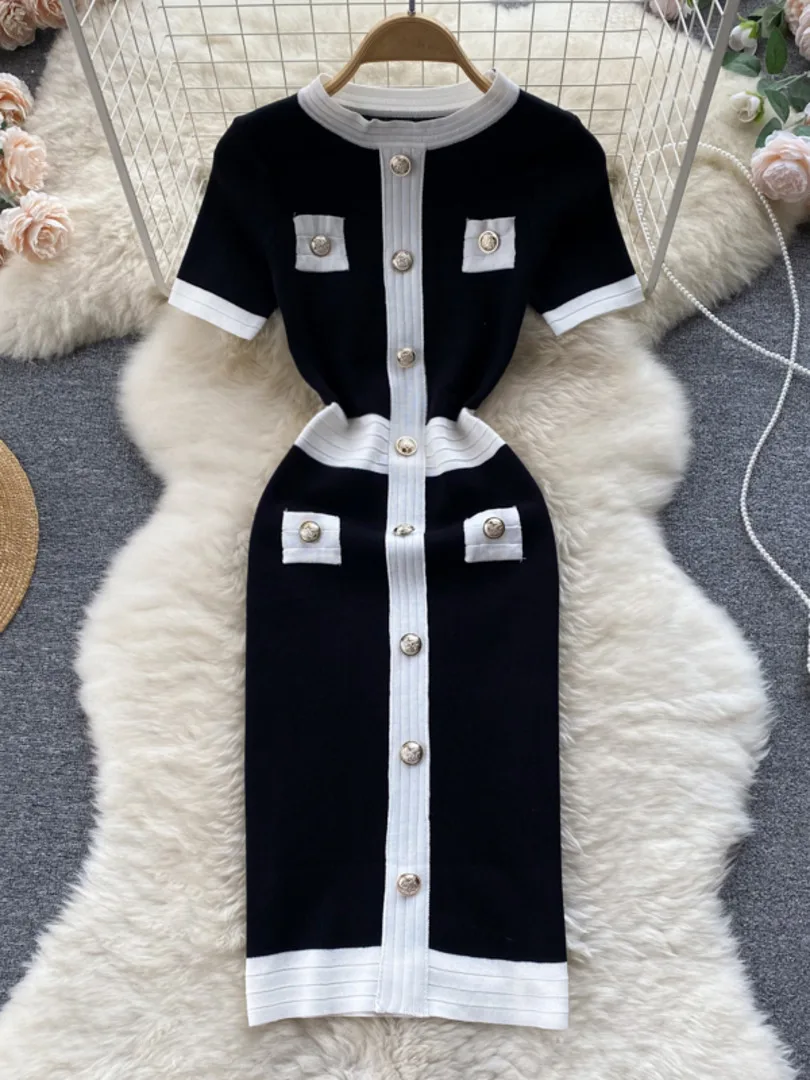 

Женское офисное трикотажное платье в Корейском стиле, летнее облегающее платье-свитер в стиле ретро с круглым вырезом и коротким рукавом