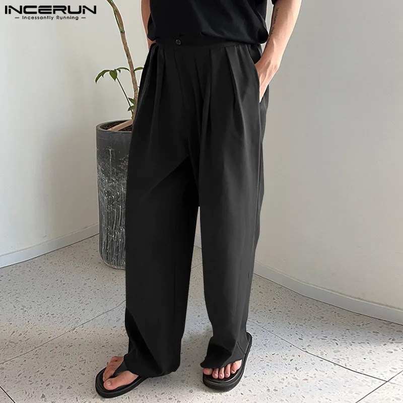 

INCERUN 2023 Korean Style Handsome New Men's Draping Loose Trousers Casual Streetwear Male Solid Color Wide Legs Pantalons S-5XL