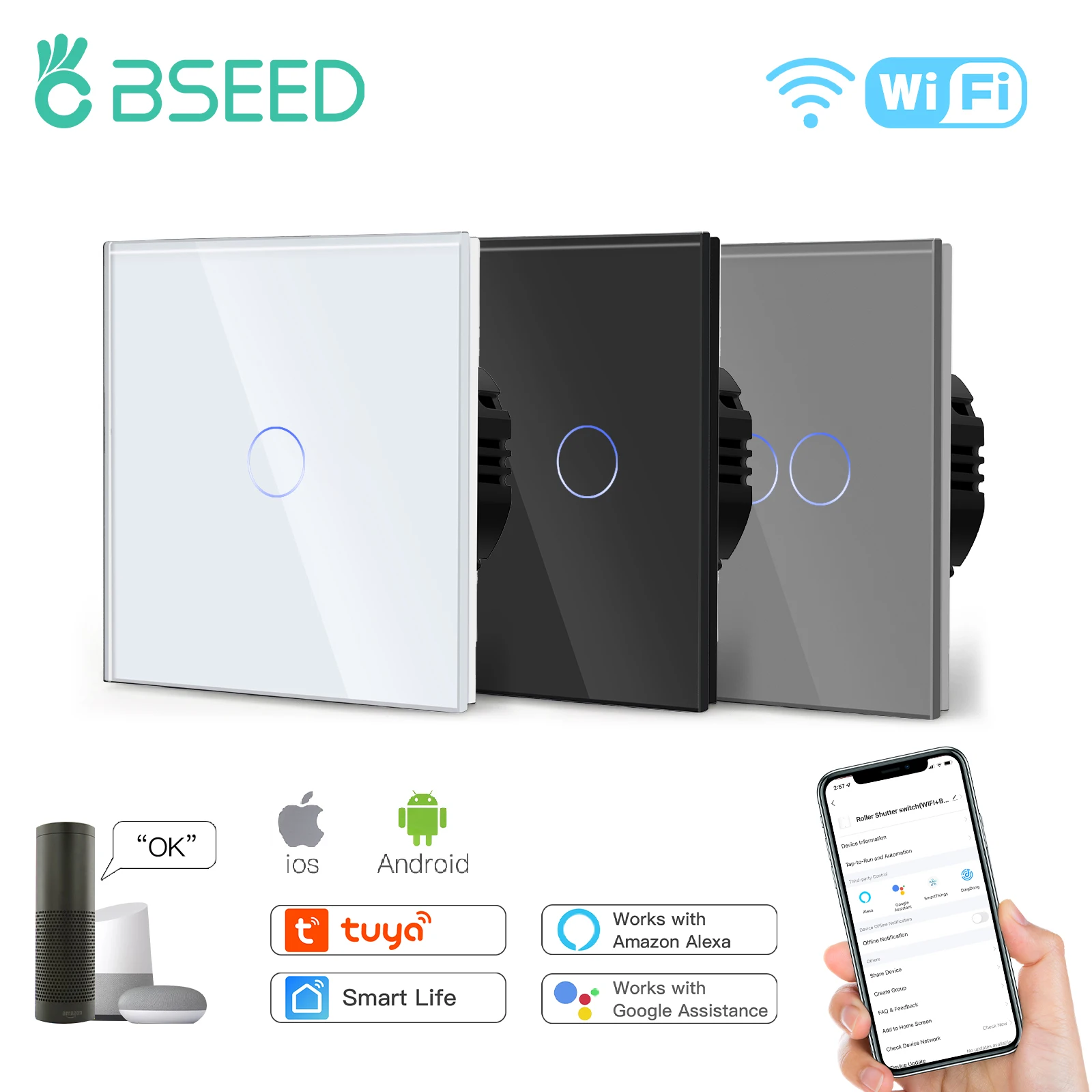 Сенсорный выключатель BSEED 1/2/3 клавиши с Wi-Fi, умные Настенные переключатели со стеклянной панелью, управление через приложение Alexa Alice, 1/2/3 клавиши