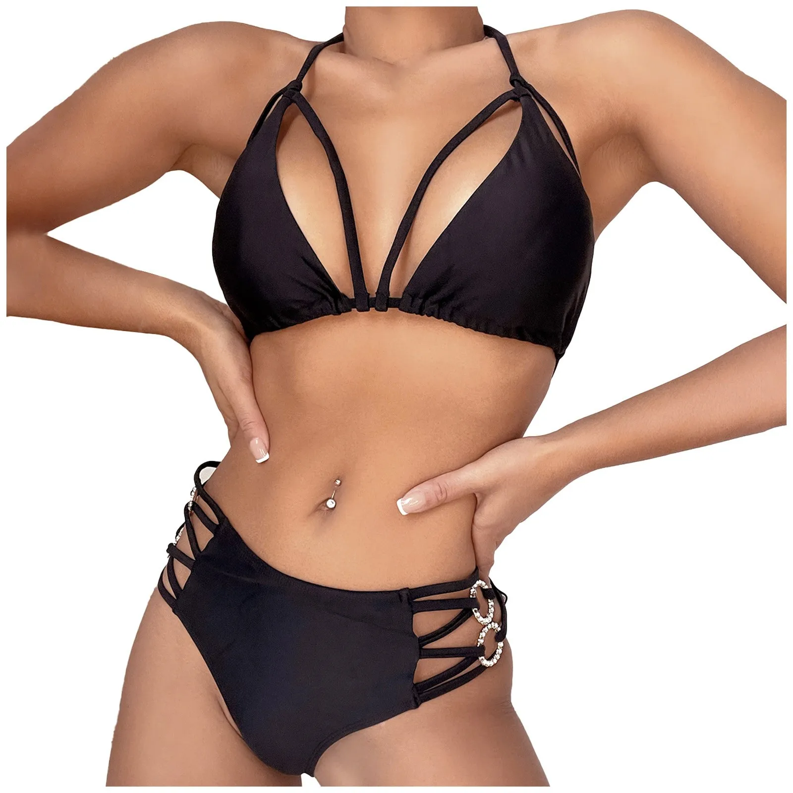 

Женский купальник из двух предметов, однотонный пляжный купальный костюм с разрезом, купальник с высокой талией и перекрестными лямками, ку...