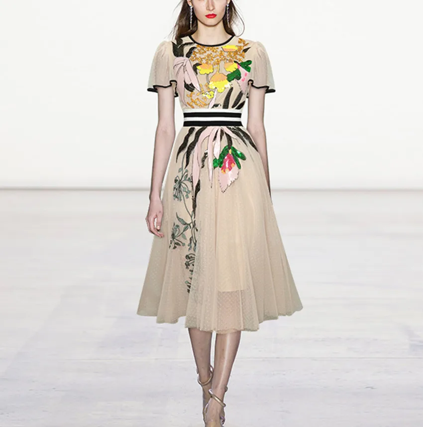 

Fashion Summer 2021 Runway Party Dress Luxury Women O Neck Mesh Dot Flower Embroidery Striped Flare Sleeve Midi Dress