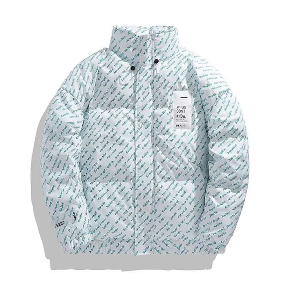 Down Padded Jacket Hooded Parka Men Letter Hip Hop Streetwear Winter Casual Retro Outwear Warm Cotton Coat Women New