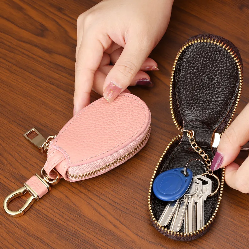 Universal Car Key Case Men's and Women's Black Soft Surface Embossed Genuine Leather Coin Purse Multi-Functional Keychain Storag