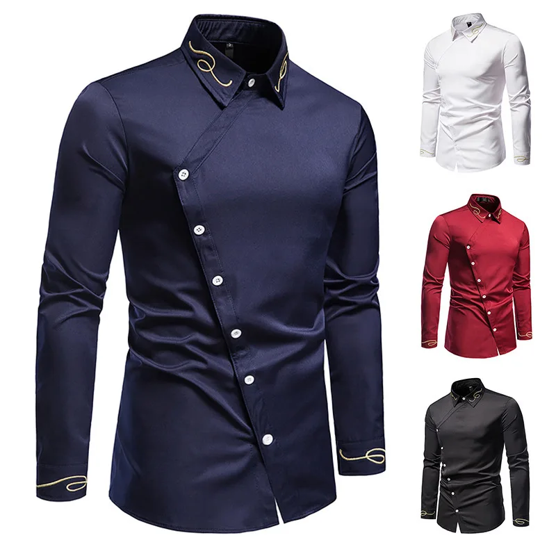 

New Hollow European Size Men's Trend Embroidered Asymmetric Long-sleeved Shirt Western Shirt Slim Fit Social Dress