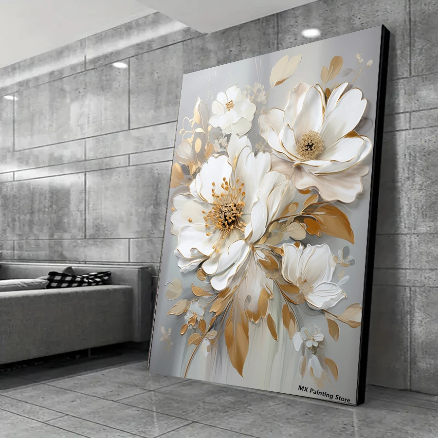 Абстрактная картина на холсте с белым цветком и сусальным золотом цветочные