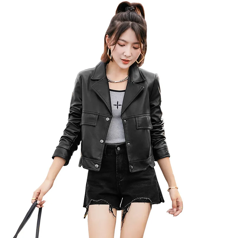 2022 Leather Coat Women's Short Lapel Fitted Leather Coat Motorcycle Leather Jacket Pu Leather Top Yellow Sweet Girl Leather Top