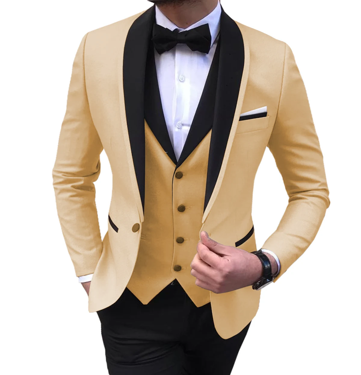Blue Slit Mens Suits 3 Piece Black Shawl Lapel Casual Tuxedos For Wedding Groomsmen Suits Men 2022 (Blazer+Vest+Pant)