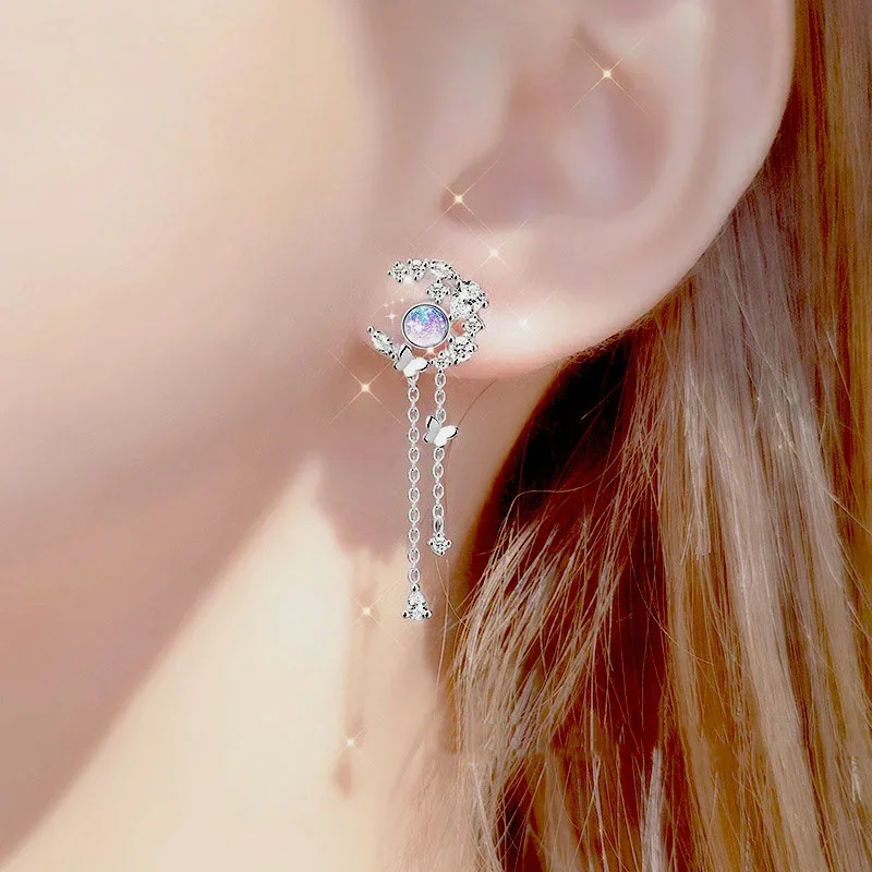 

Korean Delicate Zircon Moon Tassel Butterfly Drop Earring for Women Cute Fashion Asymmetric Dangle Earrings Girls Party Jewelry