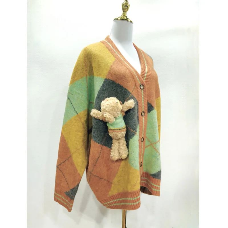 [ZOCI] Белый олень того же цвета ромбовидная сетка 3D медведь вязаный кардиган