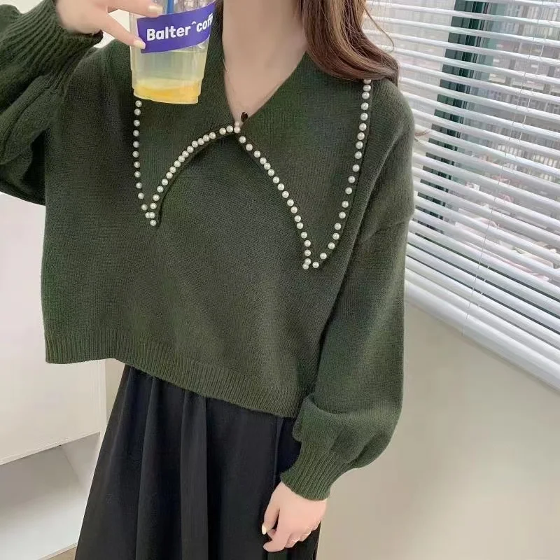 Модный кукольный воротник Однотонный свитер из бисера женский новый вязаный
