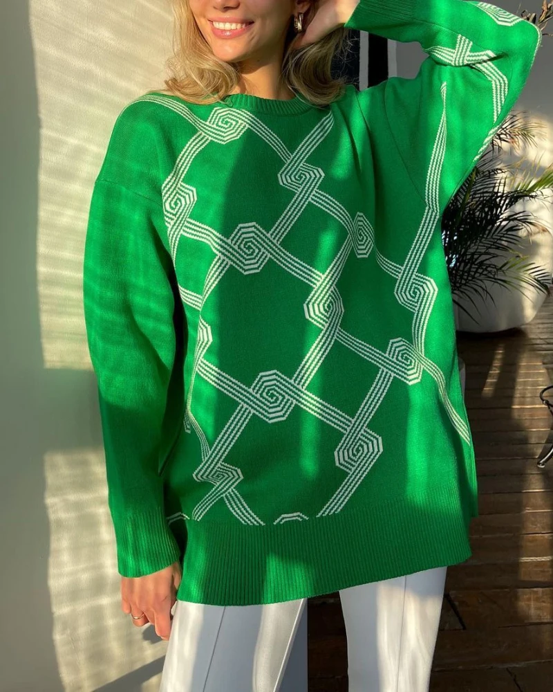 

ZELI Loose Jacquard Knitted Sweaters Women Autumn Winter O-Neck Geometric Striped Pullover Female Casual Y2k Korean Jumpers