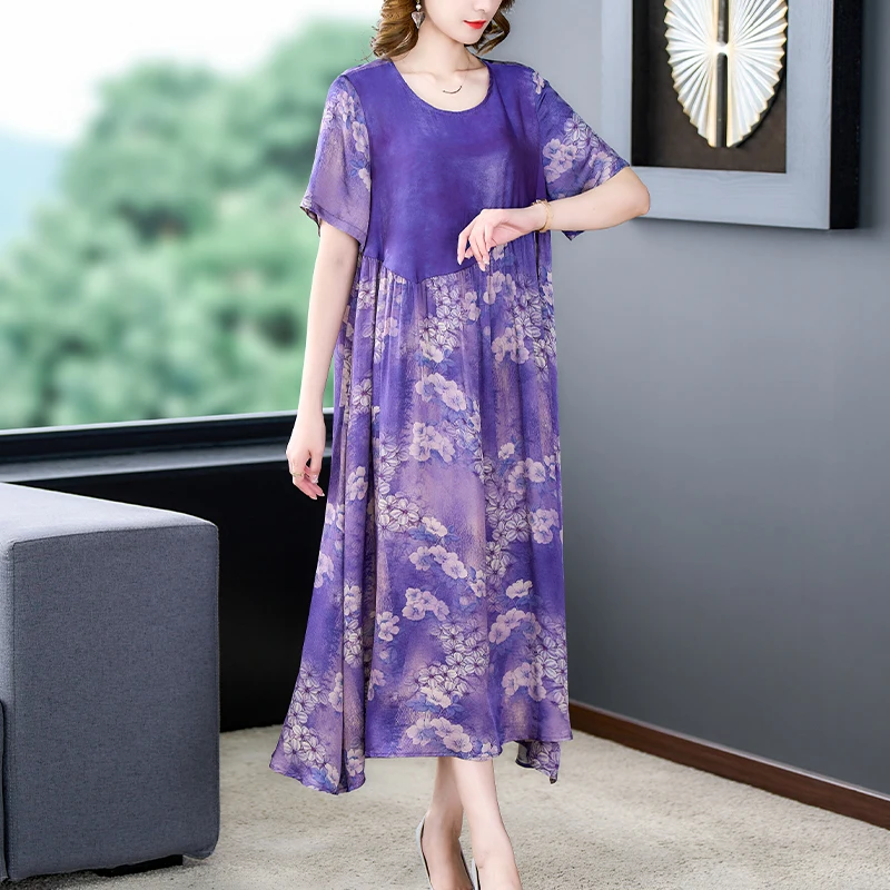 Женское винтажное платье средней длины фиолетовое из натурального шелка с