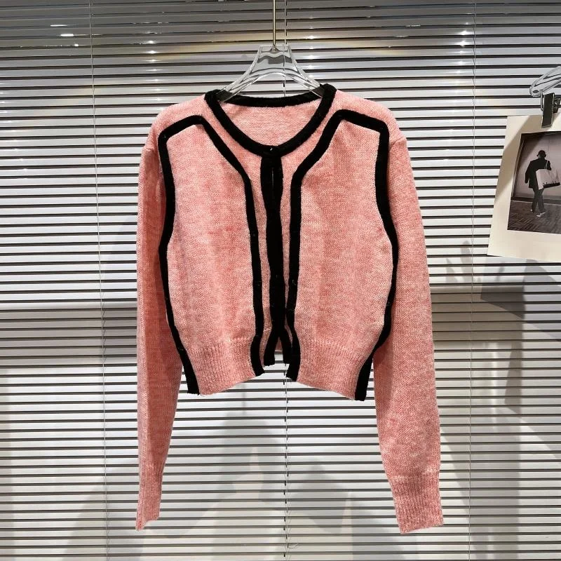 

Женский Осенний однобортный розовый свитер в полоску контрастных цветов с краями, 2022