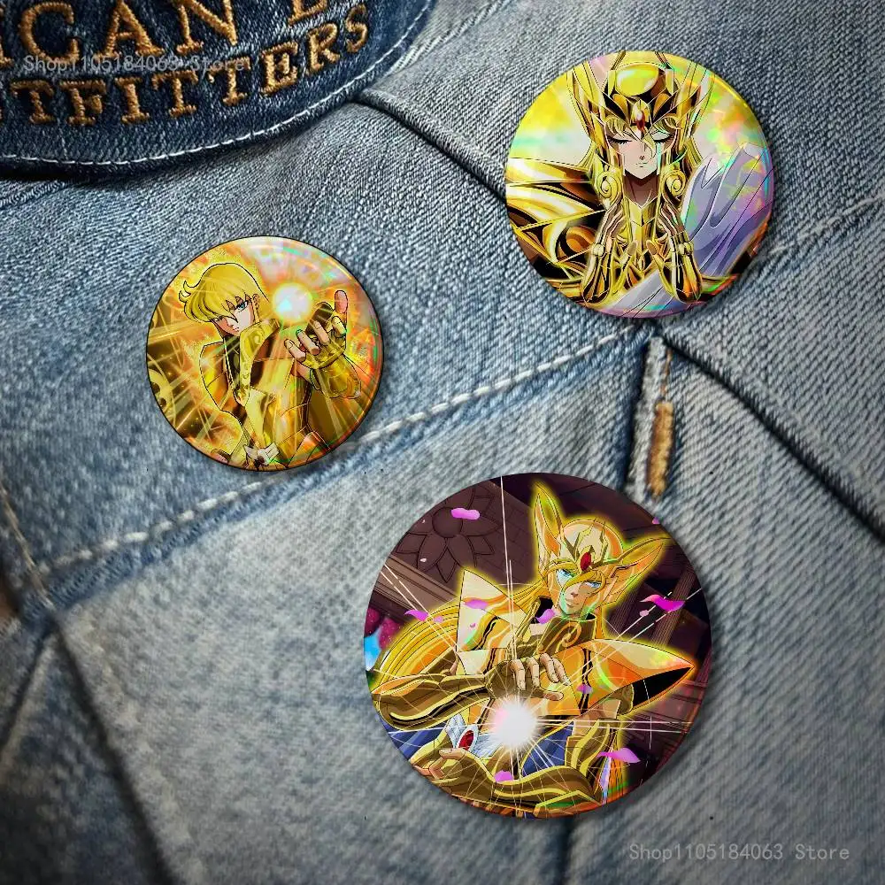 Фото Значок S-Saint Seiya Virgo Shaka для украшения рюкзаков и одежды, круглая жестяная брошь, забавный подарок на заказ для друга. №2