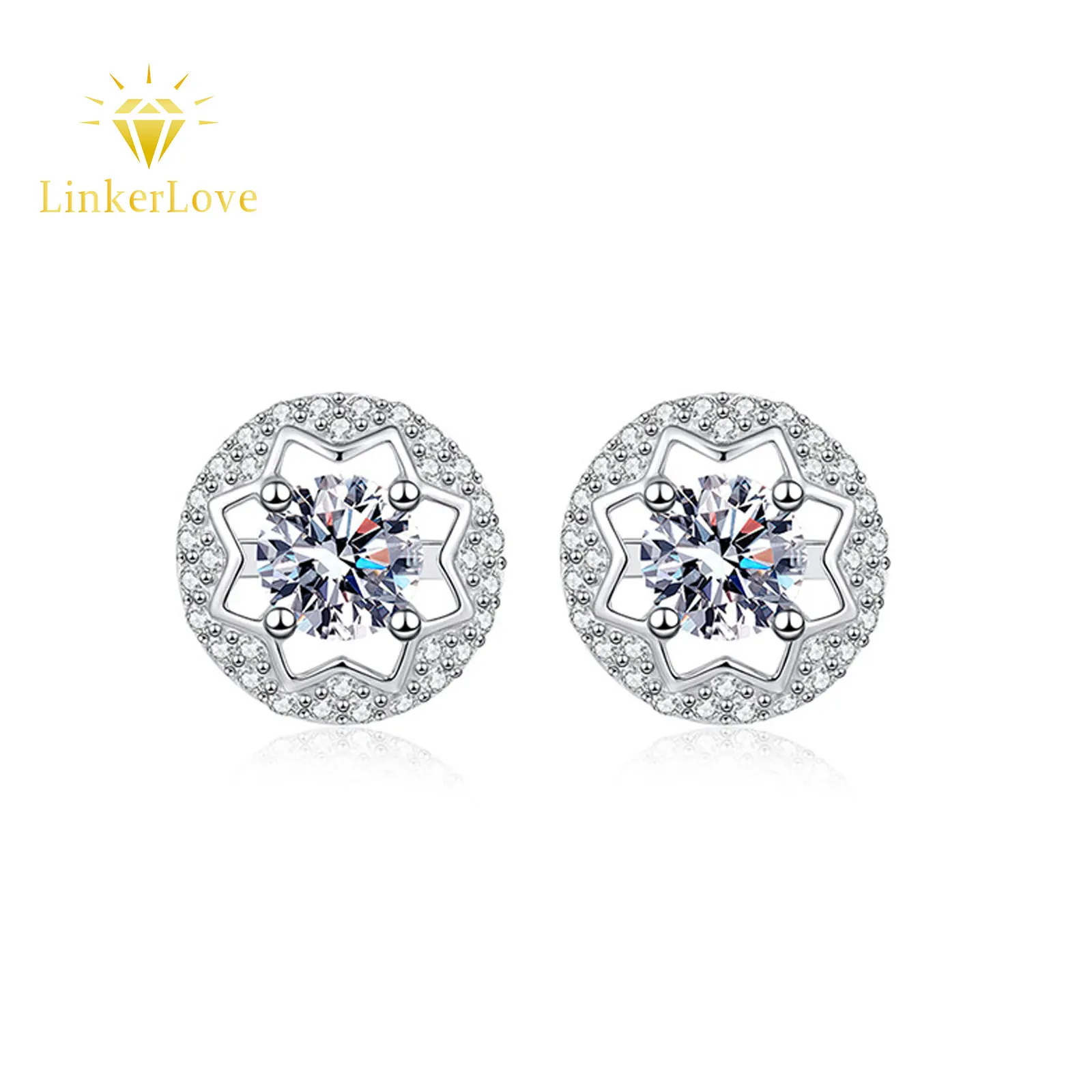 Фото Серьги-гвоздики LinkerLove из серебра S925 с муассанитом 0.5 карата для женщин, дизайн «Звезда с ореолом», покрытие из белого золота, гипоаллергенные, изысканные ювелирные изделия №1