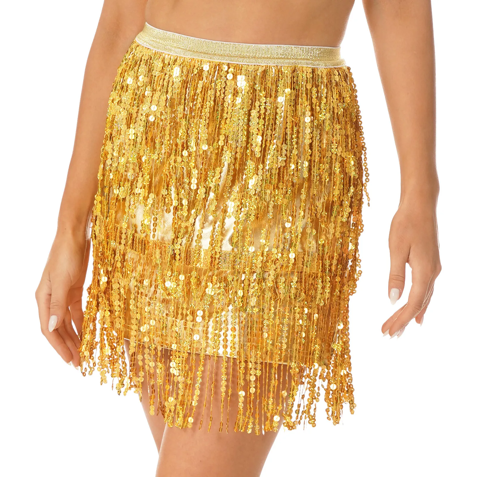 

Womens Sparkly Sequin Tassel Skirt Latin Belly Dance Performance Costume Elastic Waistband Fringed Patent Leather Raves Skirts