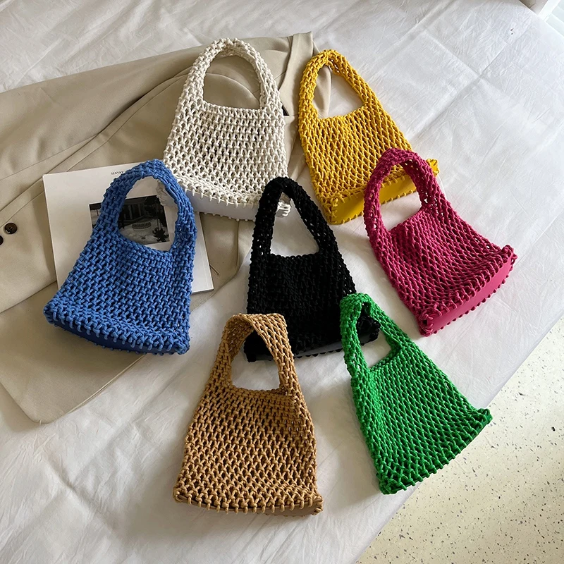 

New Cotton Thread Handbags Totes Bag Women Straw Woven Hollow Net Shopping Bag Female Portable Travel Beach Holiday Handbags