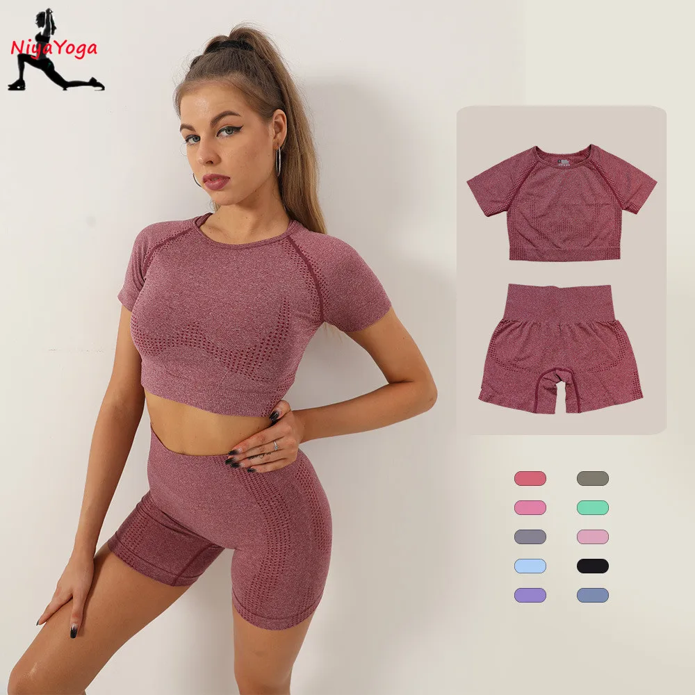 

Womens Yoga Set Female Short-sleeve Yoga Shirts Seamless Yoga Pants Professional Sports Running Fitness Wear Sportswear Suit
