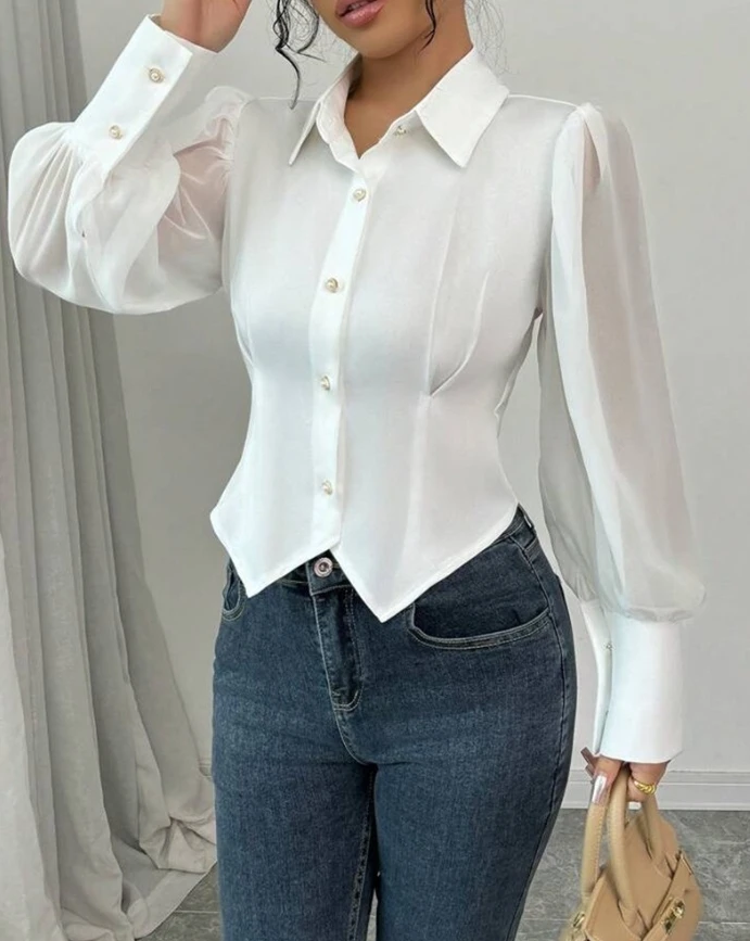 Ciff Рукав-фонарь Отложной воротник Затянутая талия Блузка с декором из бисера