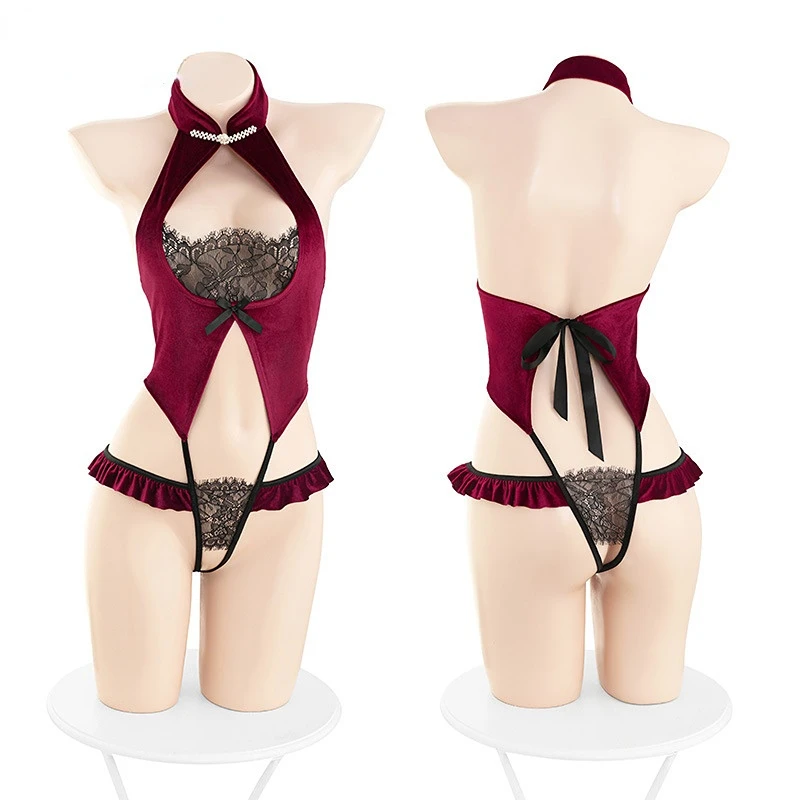 

Аниме ажурная униформа сексуальный женский косплей милый бархатный с кружевом Чонсам Боди Комбинезоны Костюм Нижнее белье Комплект белья