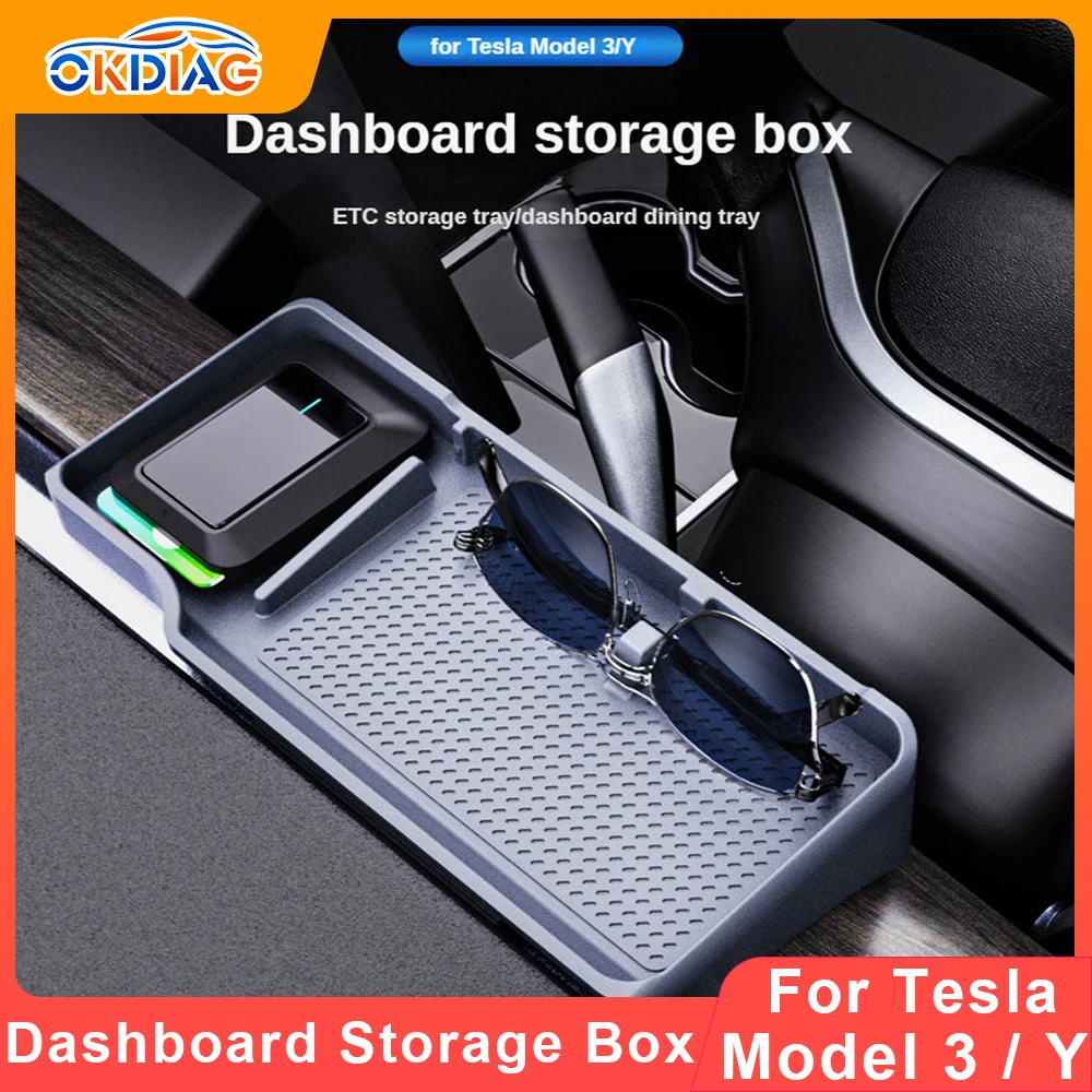 

For Tesla Model 3Y ETC Dashboard Storage Box Behind Screen Storage Tray Magnetic Hidden Tissue Holder Anti-Slip Mat Phone Bracke