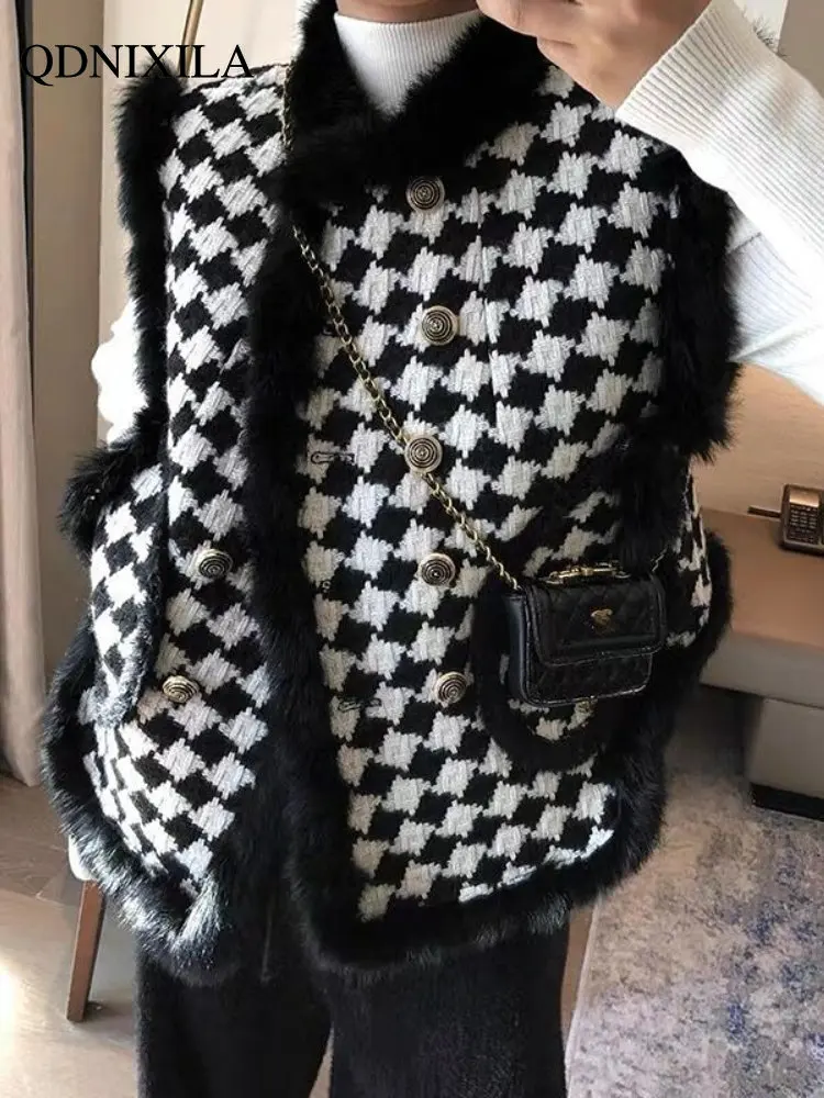 

Women's Vest Jackets Faux Fur Coat Thousand Bird Checkered Fur Collar Vest Velvet Fur Waistcoat Sleeveless Vests for Women