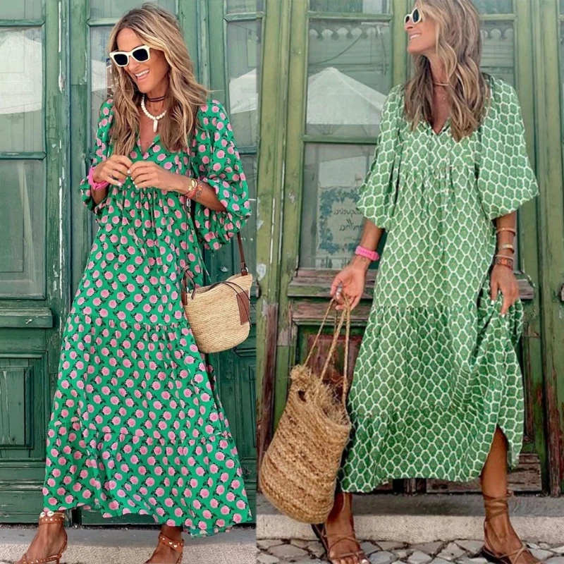

Женское летнее пляжное платье с пышными рукавами, свободное пикантное платье макси из полиэстера с V-образным вырезом и длинным пышным рукавом в богемном стиле