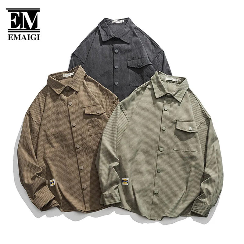 

Cityboy Fashion Outdoor Shirt Men Loose Casual Long Sleeve Dark Plaid Cargo Shirts Male Japan Korean Streetwear Shirts