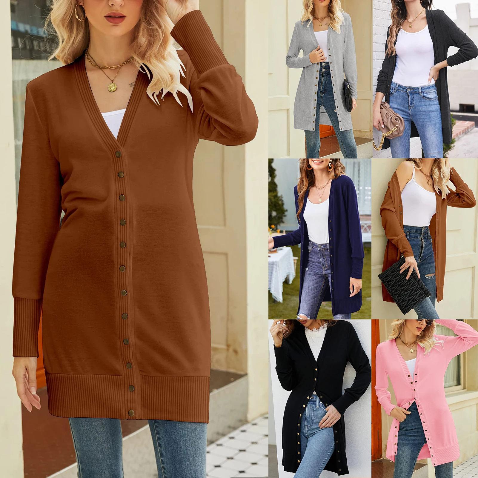 

Женский свободный кардиган для отдыха, повседневный элегантный мягкий кардиган, однотонный базовый свитер с длинным рукавом и открытым спереди, верхняя одежда