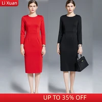 autumn elastic wrap hip red long sleeve large party round neck over knee dress long knit sexy evening dress black winter dress