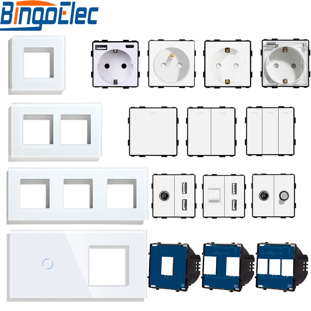 Bingoelec White Crystal Tempered Glass Panel Light Switch EU French Wall Socket USB TV Sensor Switch Module DIY