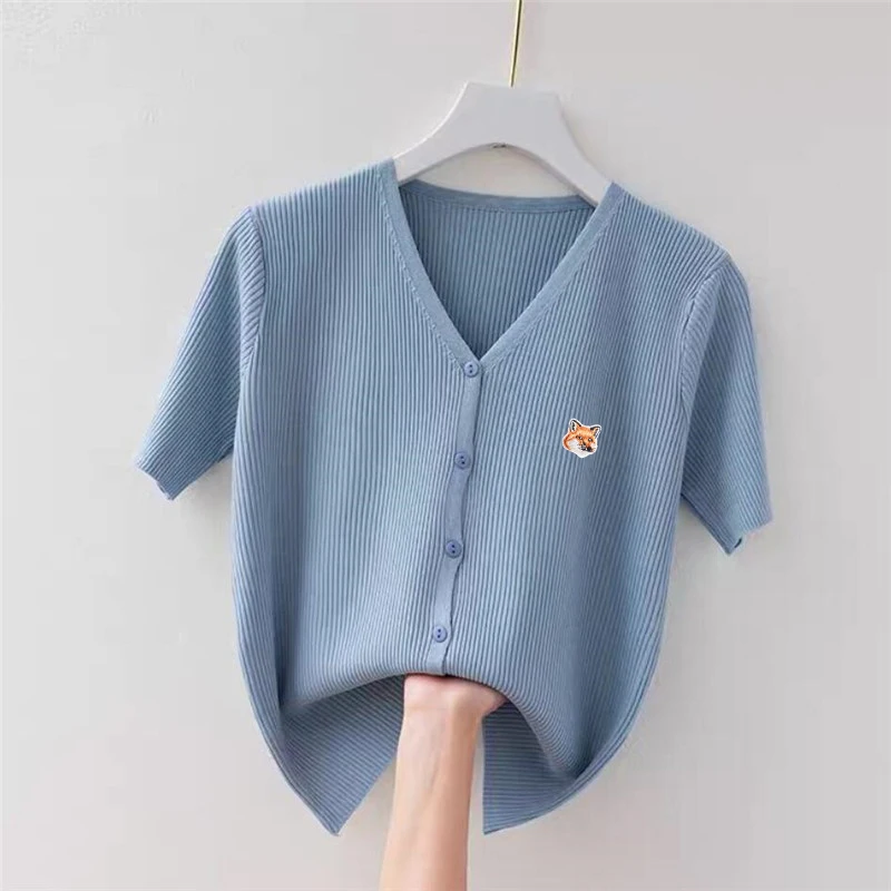 

Новинка, летняя женская вязаная футболка, Топы, роскошная домашняя лиса, талисман, вышивка, логотип, аппликация, о-образный вырез, модная фут...