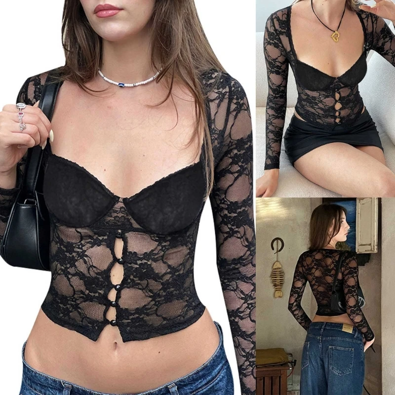 

Women's Sheer Lace Long Sleeve Corsets Bustier Crop Top Sweetheart Neck Open Front Blouse T Shirts Y2K Streetwear Gift